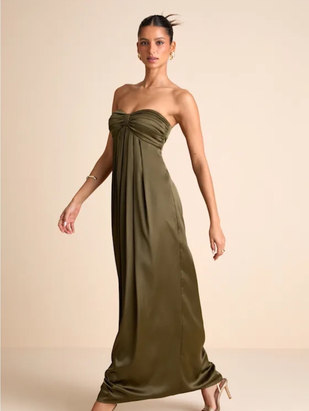 LULUS Olive Green Strapless Twist-Front Maxi Dress
